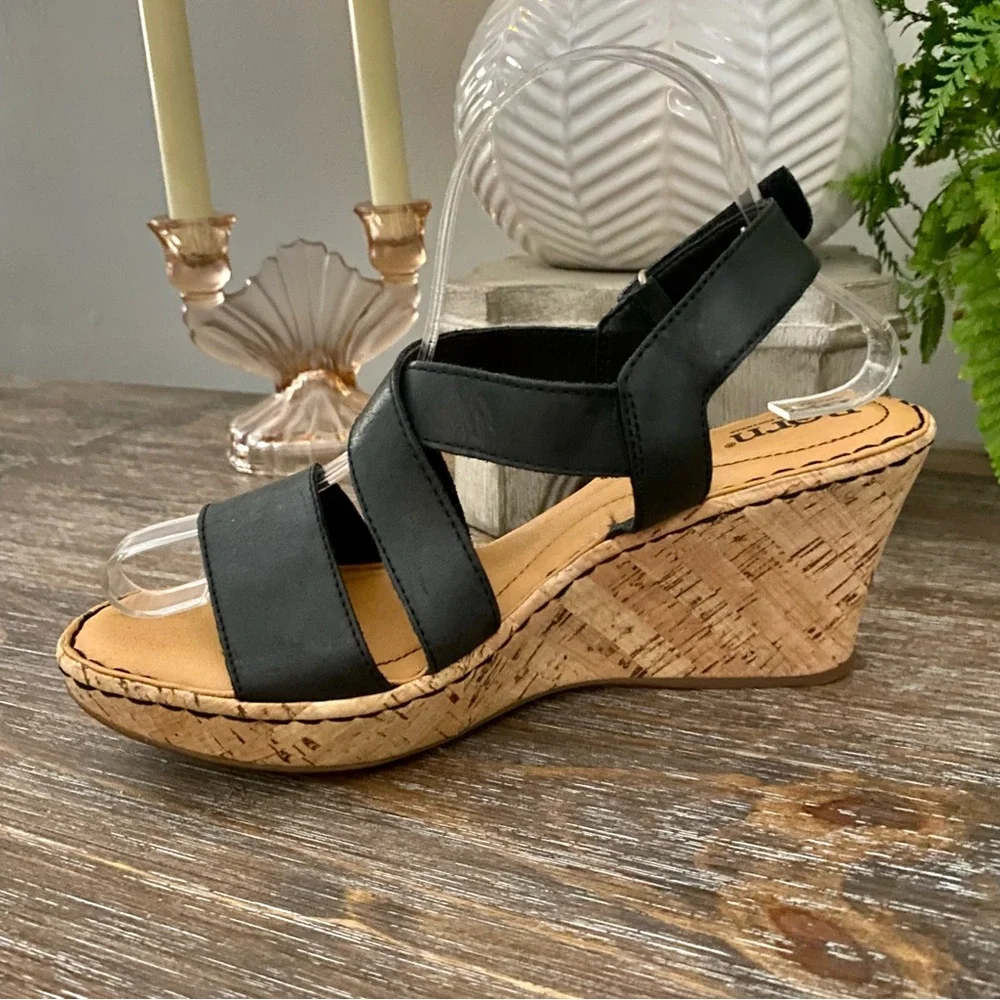 Born Black Leather Slingback Cork Wedge Sandals